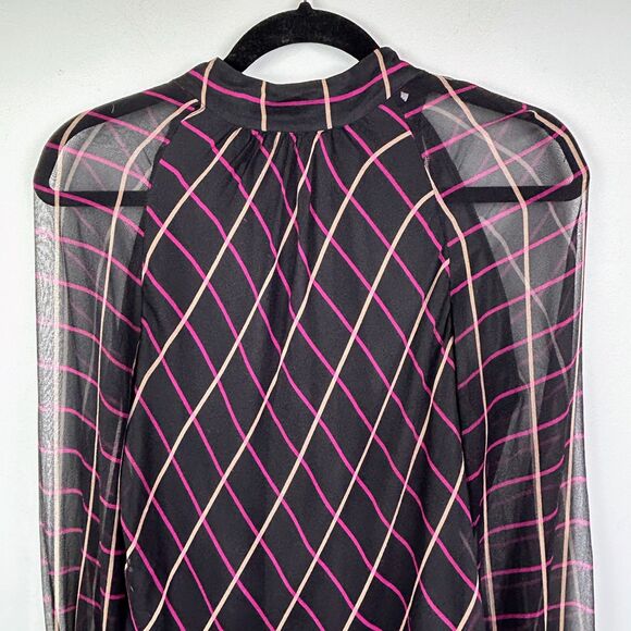 Milly Sioane Windowpane Print Silk Chiffon Top Black Pink Blouse Sheer Sleeves L - Picture 5 of 16